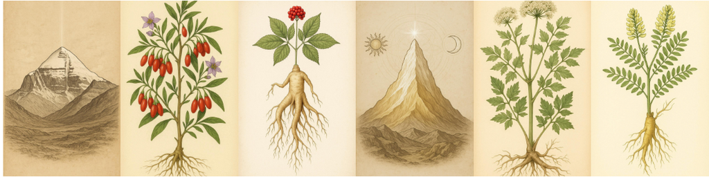 ÄTHERISCHE ESSENZEN PAKET - ASTRAGALUS; DONG QUAI; MOUNT MERU; GINSENG; GOJI;  MOUNT KAILASH
