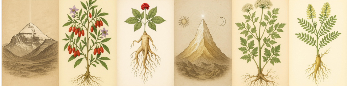 ÄTHERISCHE ESSENZEN PAKET - ASTRAGALUS; DONG QUAI; MOUNT MERU; GINSENG; GOJI;  MOUNT KAILASH
