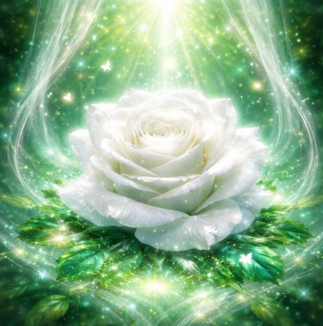 „Emerald White Silk Rose Technique™“ (Geschenk von Lady Nada. Sie trägt eine wunderschöne Energie und Frequenz der Erneuerung in sich. Sie soll dir Kraft geben, neu anzufangen, und dir helfen, deine persönliche Kraft und innere Stärke wiederzugewinnen)