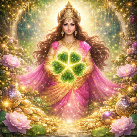 „Glücksklee-Technik™“ der Göttin Lakshmi (Kleeblatt mit Diamanten, Gold und einem silbernen Schimmer. Es handelt sich um eine meditative Technik, die mehr Glück in Ihr Leben bringt)